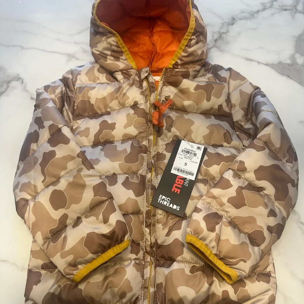 Epic Threads Camouflage Puffer Jacket with Orange Lining